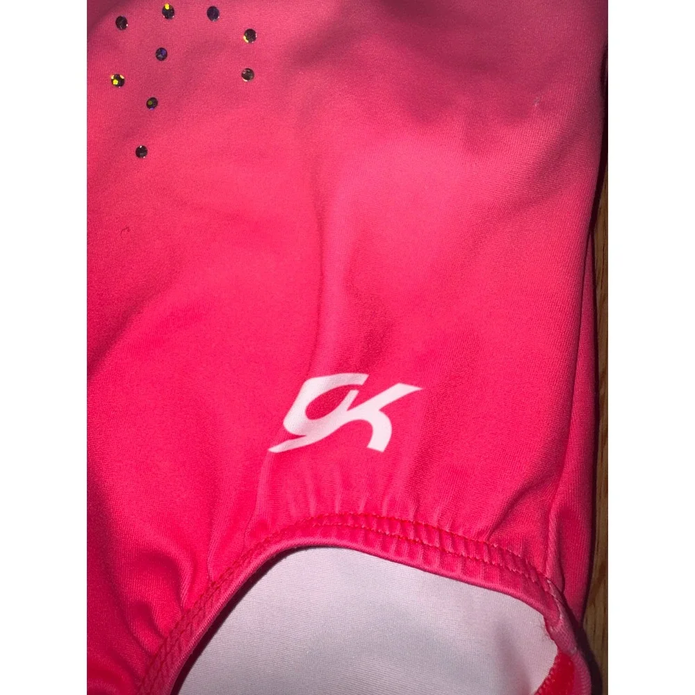 GK Elite Girls Gymnastics Leotard Pink White Ombre Rhinestone Sparkle Size CM